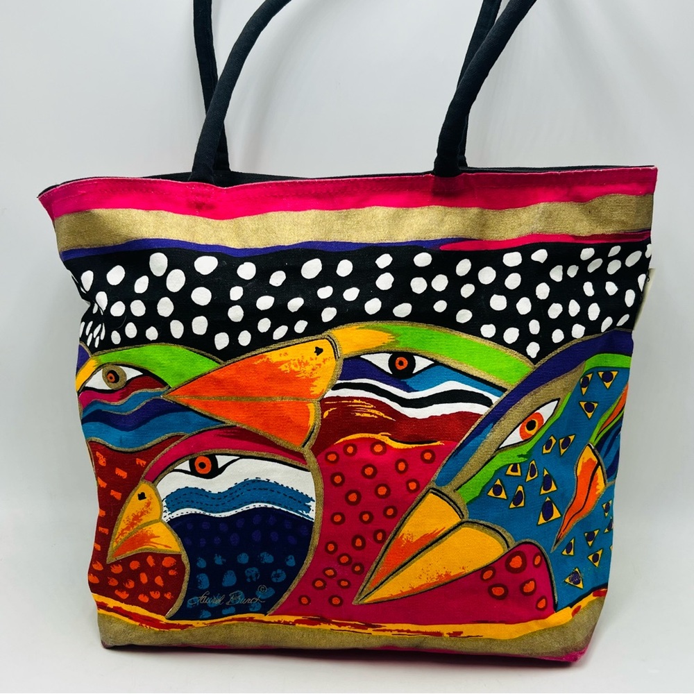 Laurel Burch Sky Spirit Tropical Bird Print Tote Bag Canvas Vibrant Zip Artsy - Picture 2 of 9